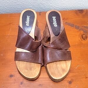 VTG Bongo Leather Wooden Platform Slide Sandals Womens 7 Brown Mules Y2k Brazil‎